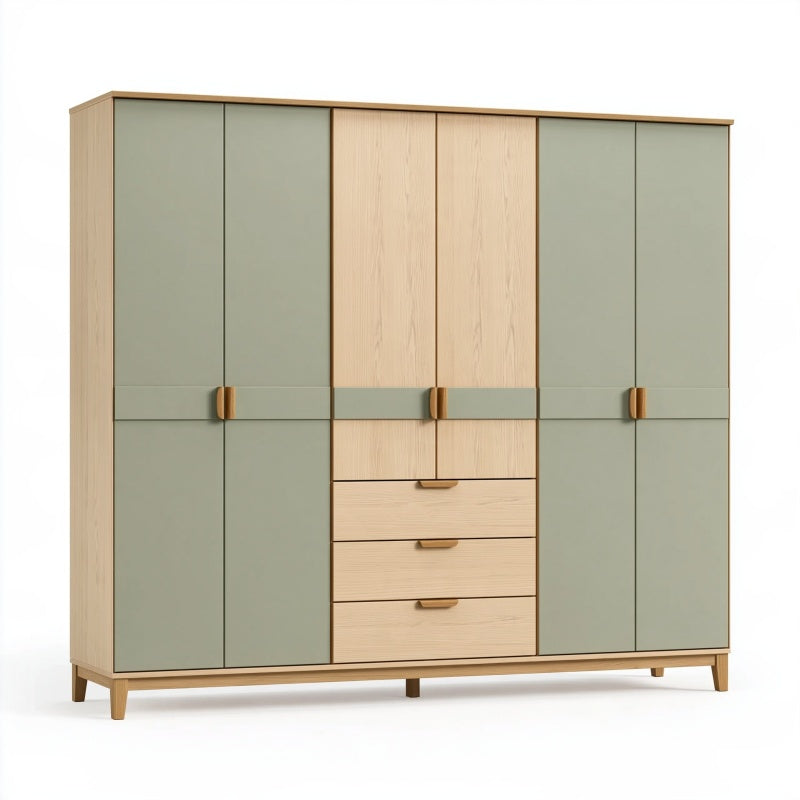 Armadio guardaroba 240 x 60 x 210 cm effetto rovere e verde salvia con 6 ante e 3 cassetti stile moderno
