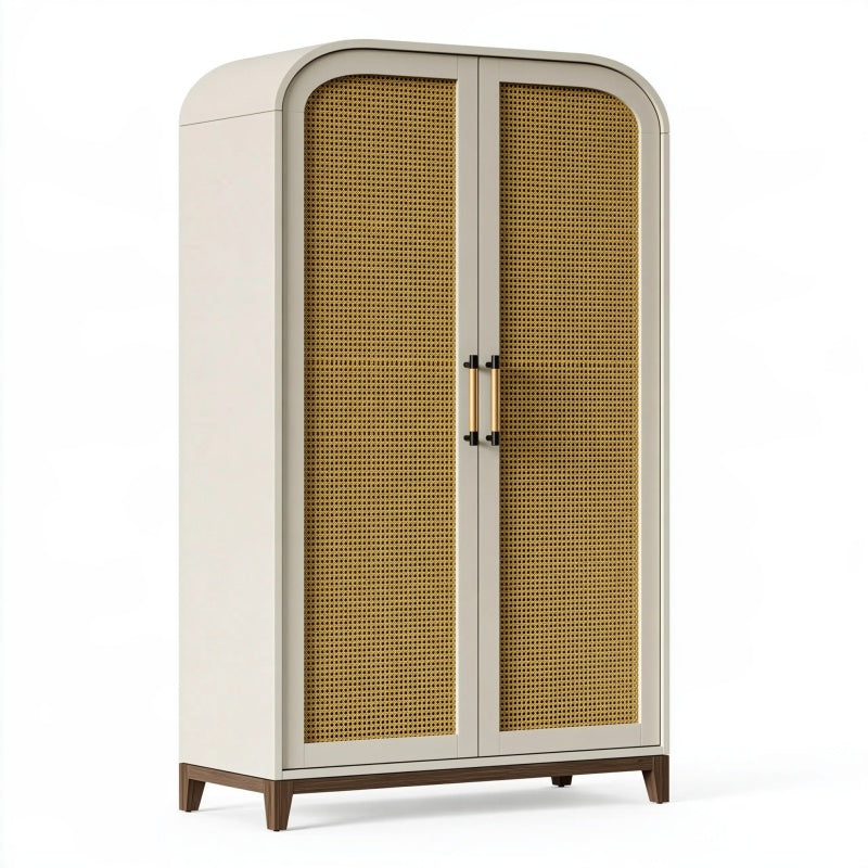 Armadio guardaroba 100 x 50 x 190 cm in legno beige e rattan con 2 ante stile retrò