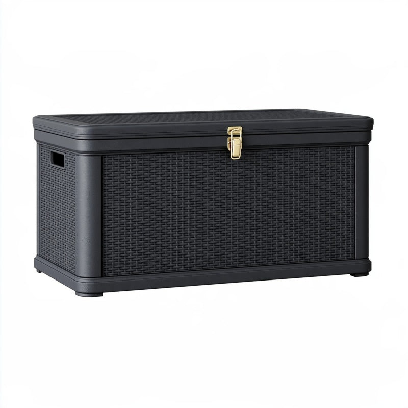 Cassapanca contenitore 120 x 55 x 60 cm in plastica nera effetto rattan con coperchio