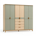 Armadio guardaroba 240 x 60 x 210 cm effetto rovere e verde salvia con 6 ante e 3 cassetti stile moderno