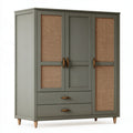 Armadio 120x50x180 cm in legno grigio con ante in rattan e cassetti stile naturale