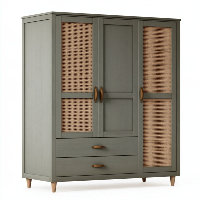Armadio 120x50x180 cm in legno grigio con ante in rattan e cassetti stile naturale