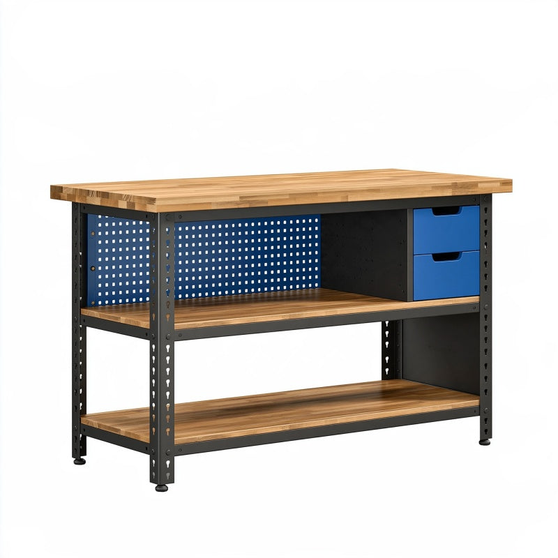 Banco da lavoro 120 x 60 x 90 cm in legno e acciaio nero blu con pannello portautensili