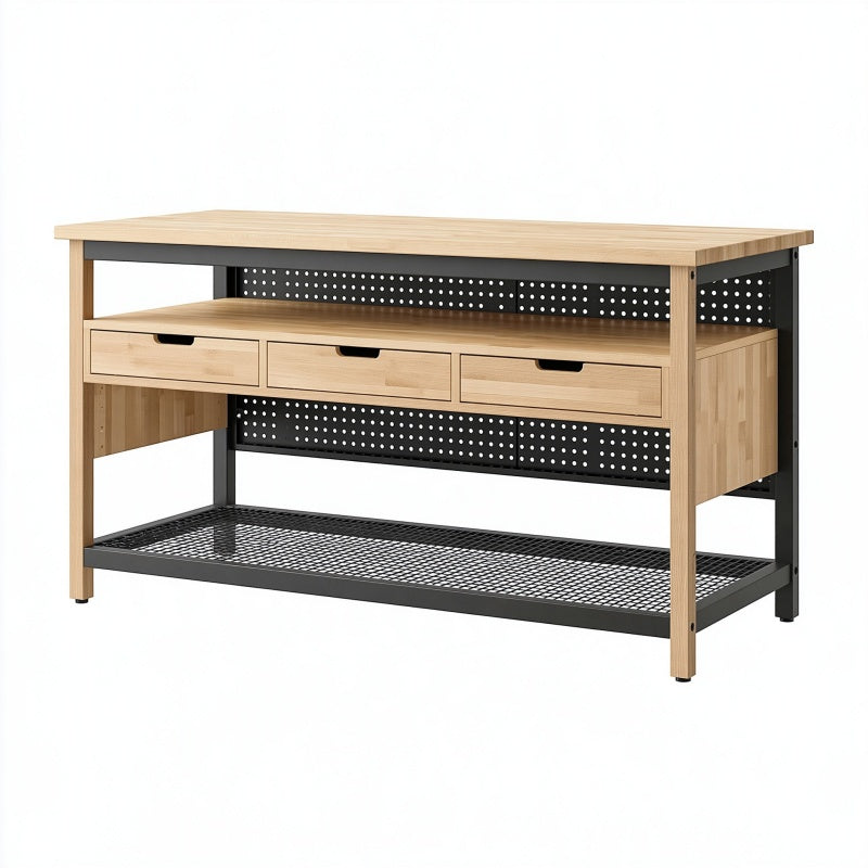 Banco da lavoro 120x60x90 cm in legno naturale e acciaio nero con 3 cassetti e ripiani