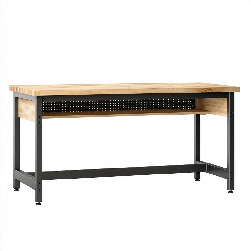 Banco da lavoro 120x60x90 cm in legno naturale e metallo nero con ripiano stile industriale