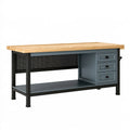 Banco da lavoro 160 x 60 x 90 cm in bambù e acciaio nero con cassetti regolabile