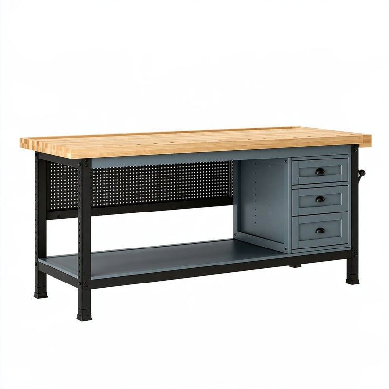 Banco da lavoro 160 x 60 x 90 cm in bambù e acciaio nero con cassetti regolabile