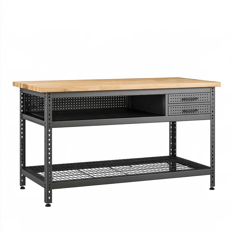 Banco da lavoro 120 x 60 x 90 cm in legno e metallo nero con cassetti e ripiani