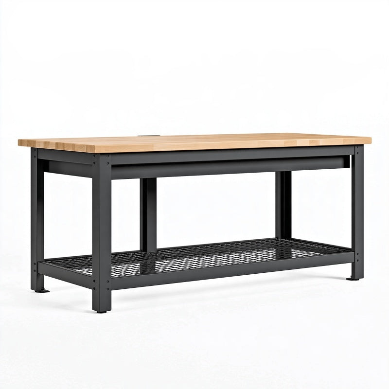 Banco da lavoro 152 x 61 x 90 cm in legno e acciaio nero con ripiano a rete stile industriale