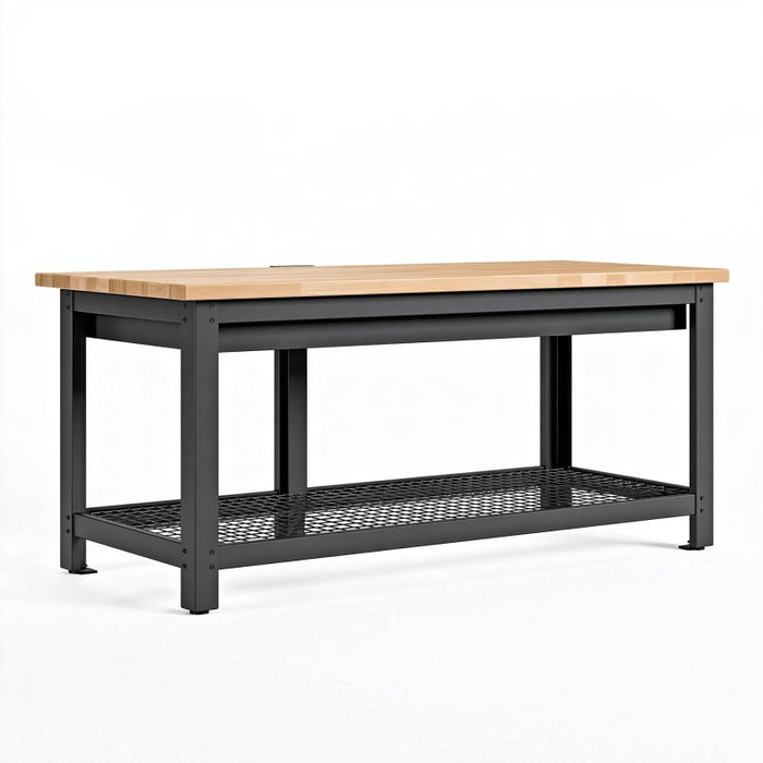 Banco da lavoro 152 x 61 x 90 cm in legno e acciaio nero con ripiano a rete stile industriale