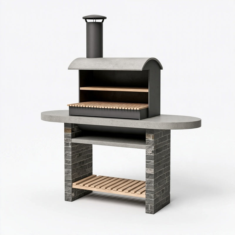 Barbecue da giardino 150 x 70 x 190 cm in metallo e cemento nero grigio con canna fumaria stile rustico