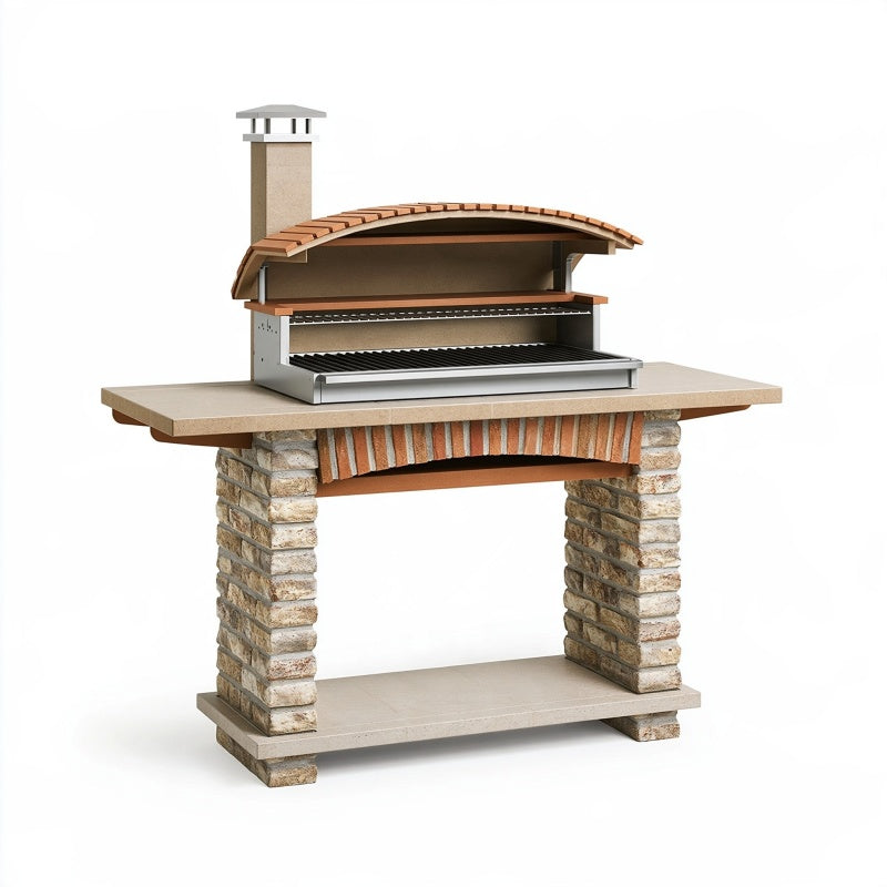 Barbecue da giardino 140 x 70 x 210 cm in pietra e metallo beige terracotta con griglia e cappa
