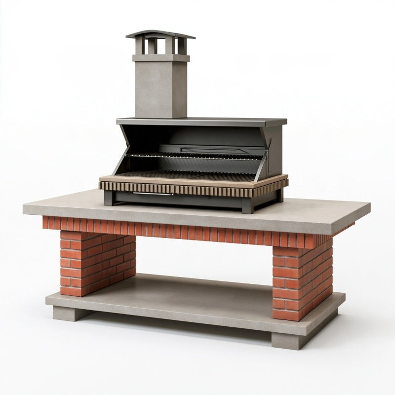 Barbecue da esterno in muratura 180 x 80 x 210 cm grigio/rosso con griglia in acciaio e cappa