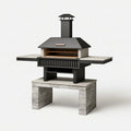Barbecue da giardino 150 x 70 x 190 cm in acciaio e pietra grigio nero con cappa e ripiani laterali