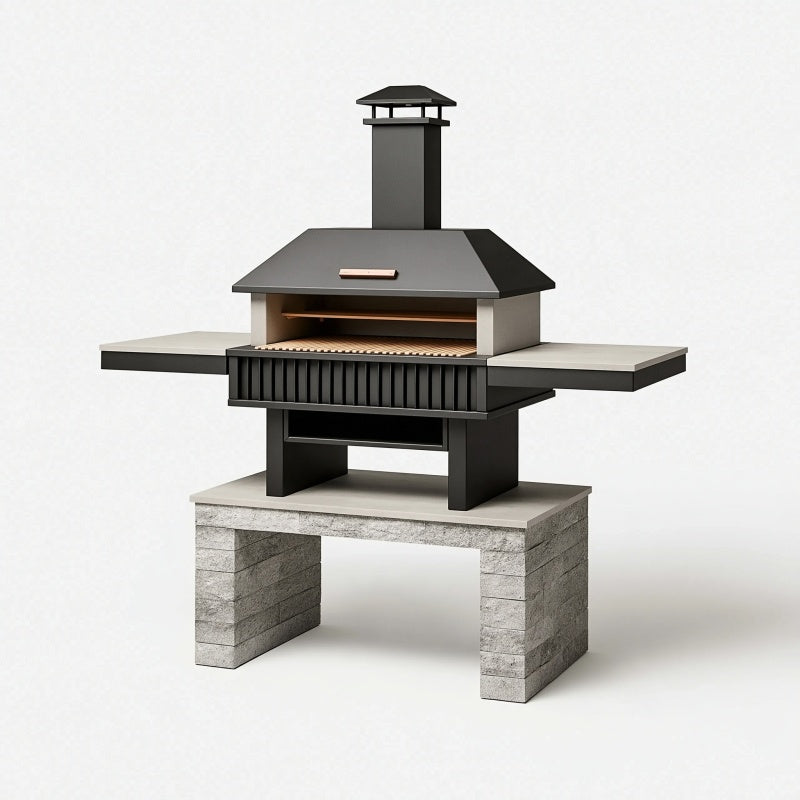 Barbecue da giardino 150 x 70 x 190 cm in acciaio e pietra grigio nero con cappa e ripiani laterali