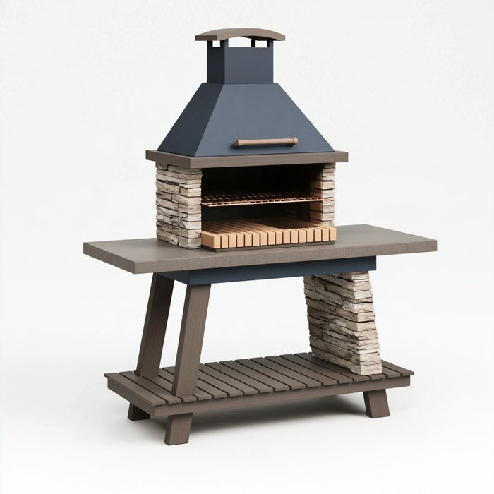 Barbecue da giardino 140 x 70 x 190 cm in metallo legno e rivestimento effetto pietra grigio
