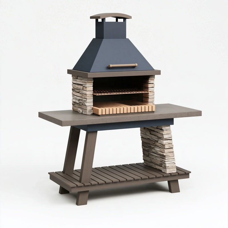 Barbecue da giardino 140 x 70 x 190 cm in metallo legno e rivestimento effetto pietra grigio