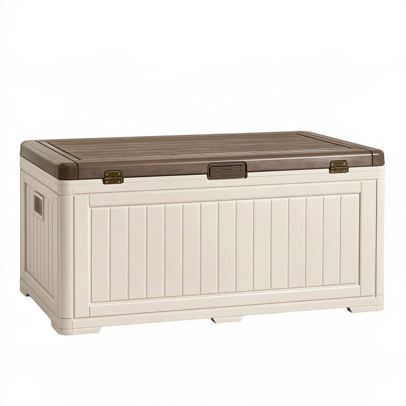Baule contenitore da esterno 120 x 55 x 60 cm in resina beige/marrone con coperchio a cerniera