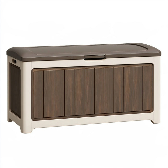 Cassapanca contenitore 120 x 55 x 60 cm in plastica beige e marrone per esterno con coperchio