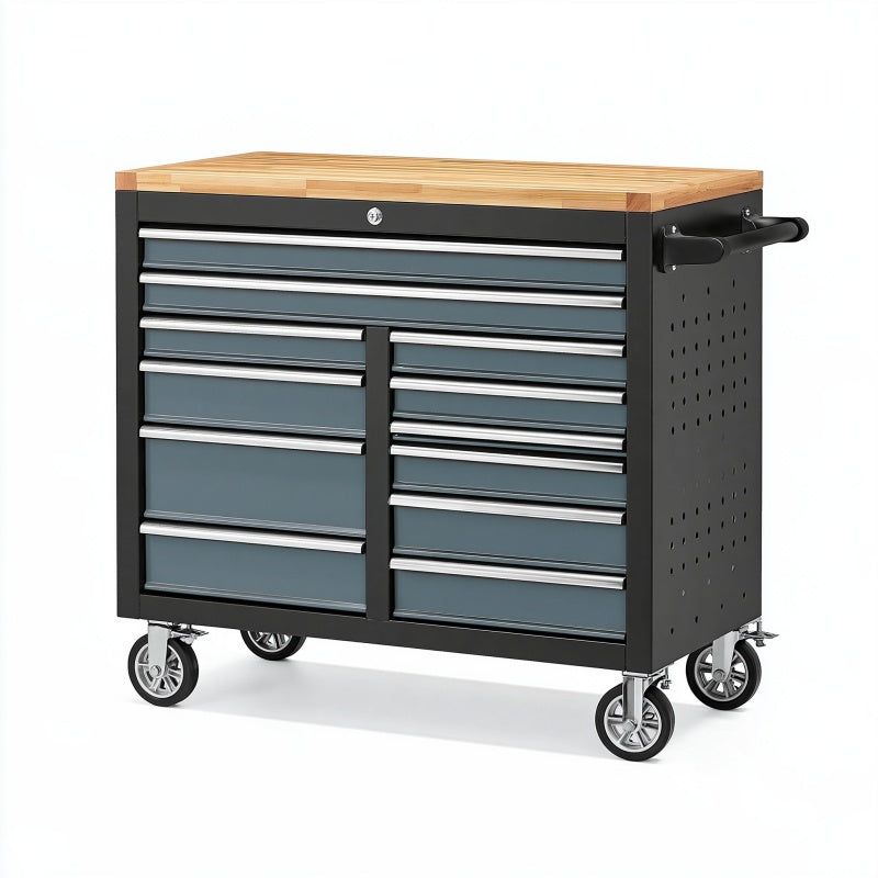 Cassettiera portautensili 120 x 46 x 95 cm in acciaio nero e grigio con piano in legno - carrello da officina industriale