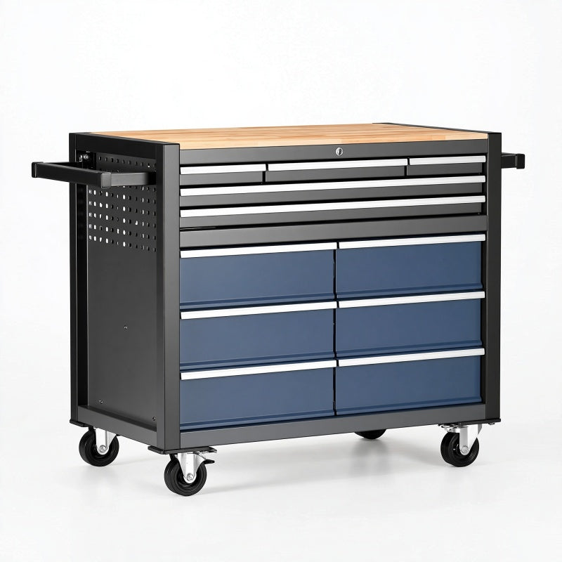Carrello portautensili 120 x 50 x 95 cm in acciaio nero e blu con piano in legno e 12 cassetti