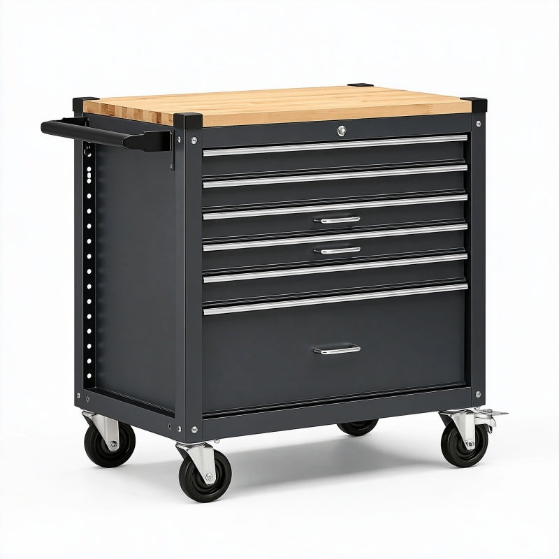 Carrello portautensili 86 x 46 x 95 cm in acciaio nero con piano in legno a 6 cassetti su ruote