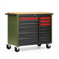 Carrello portautensili 120 x 60 x 95 cm in acciaio verde nero e rosso con piano in legno e 12 cassetti