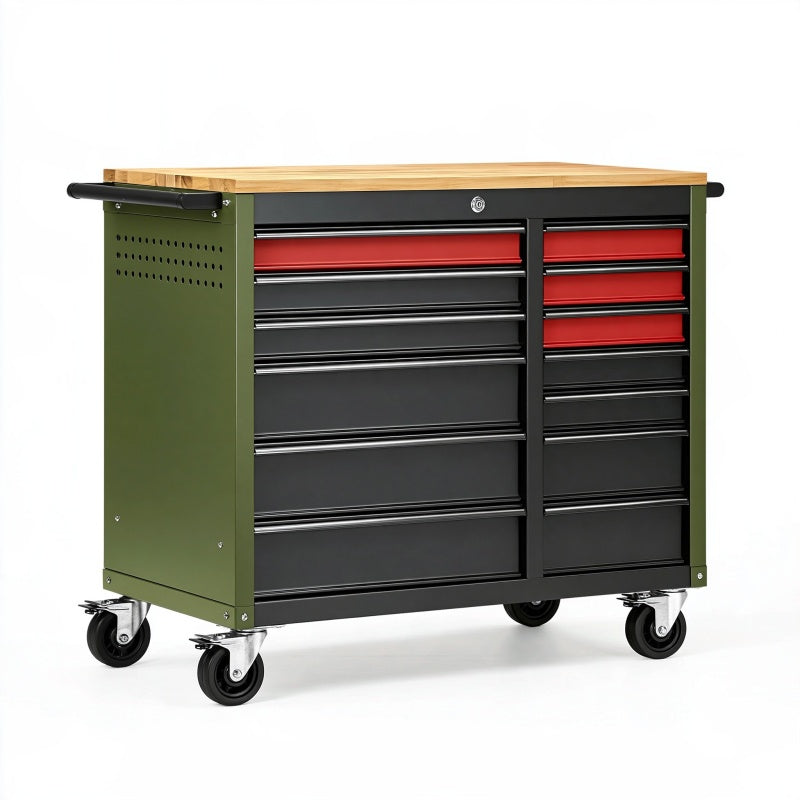 Carrello portautensili 120 x 60 x 95 cm in acciaio verde nero e rosso con piano in legno e 12 cassetti