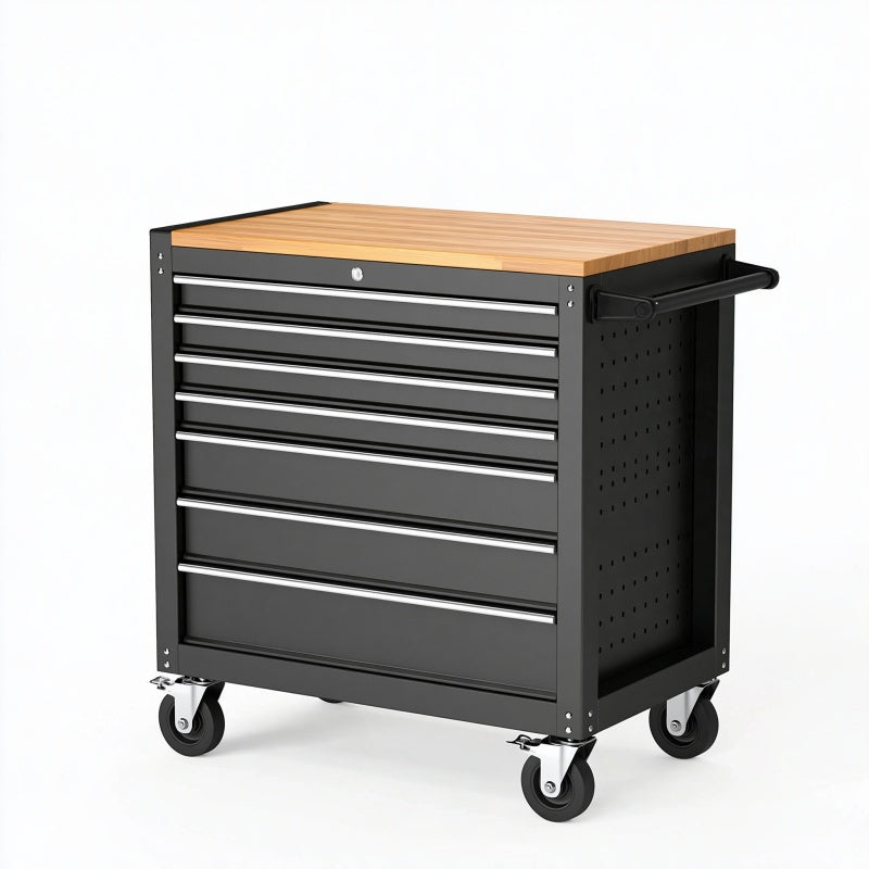 Carrello portautensili 100 x 50 x 95 cm in acciaio nero con piano in legno e 7 cassetti su ruote