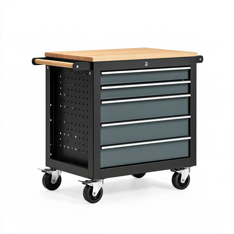 Carrello portautensili 77 x 46 x 95 cm in acciaio nero con piano in legno e 5 cassetti su ruote