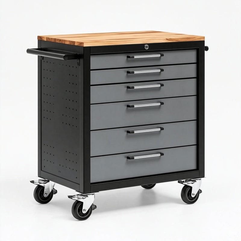Carrello portautensili 77 x 46 x 96 cm in acciaio nero con piano in legno e 6 cassetti