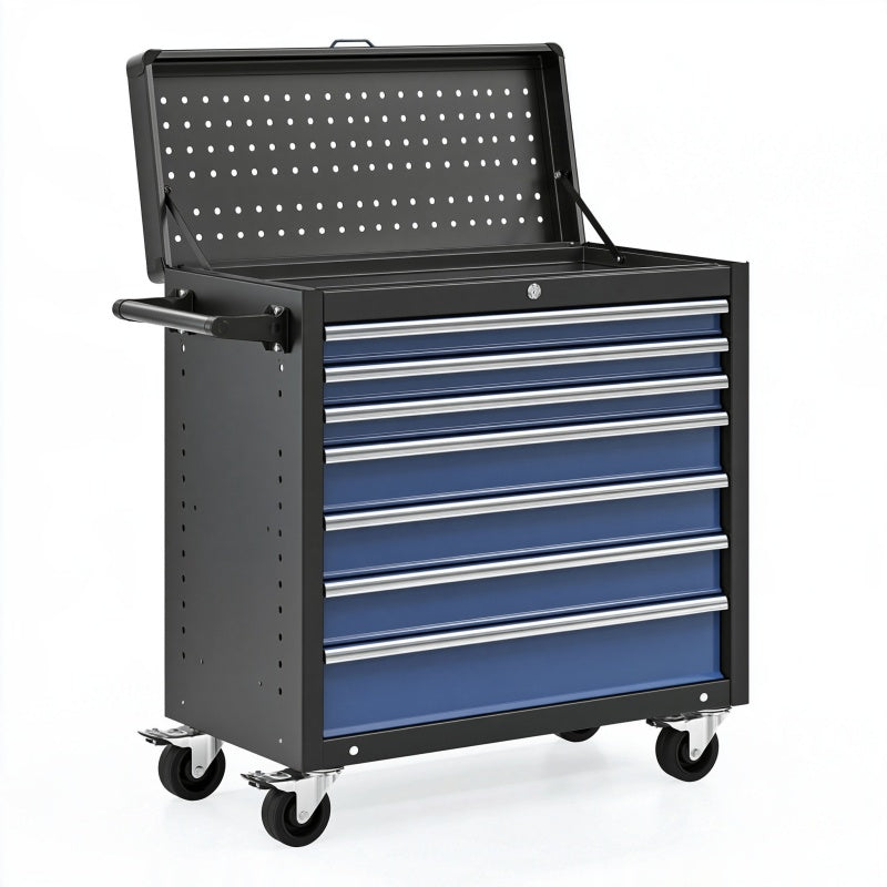 Carrello portautensili 77 x 46 x 98 cm in acciaio nero e blu - 7 cassetti con ruote per officina