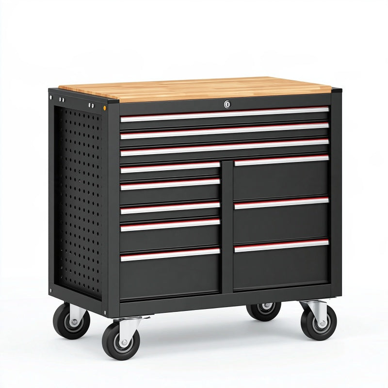 Carrello portautensili 100 x 50 x 95 cm in acciaio nero con piano in legno - 11 cassetti con ruote