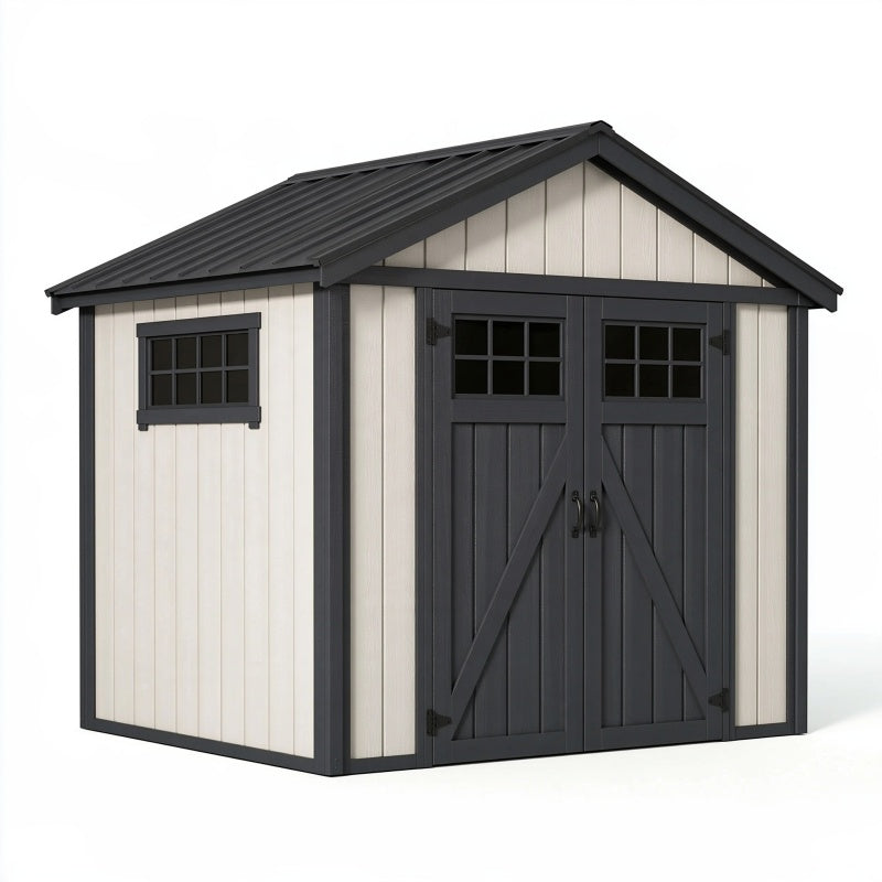 Casetta da giardino 196 x 122 x 183 cm in resina bianco/antracite con doppia porta