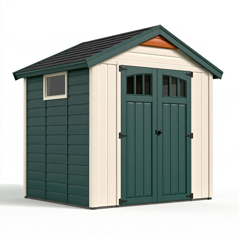 Casetta da giardino 185 x 185 x 210 cm in resina verde e bianca con doppia porta